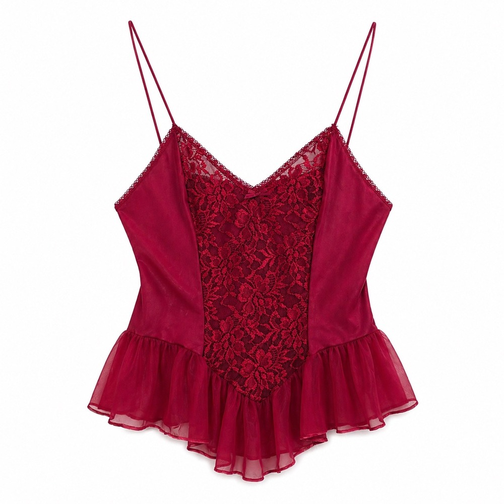 Vintage Alana Gale Teddy Lingerie Camisole Women Medium Red Lace Ruffle Coquette